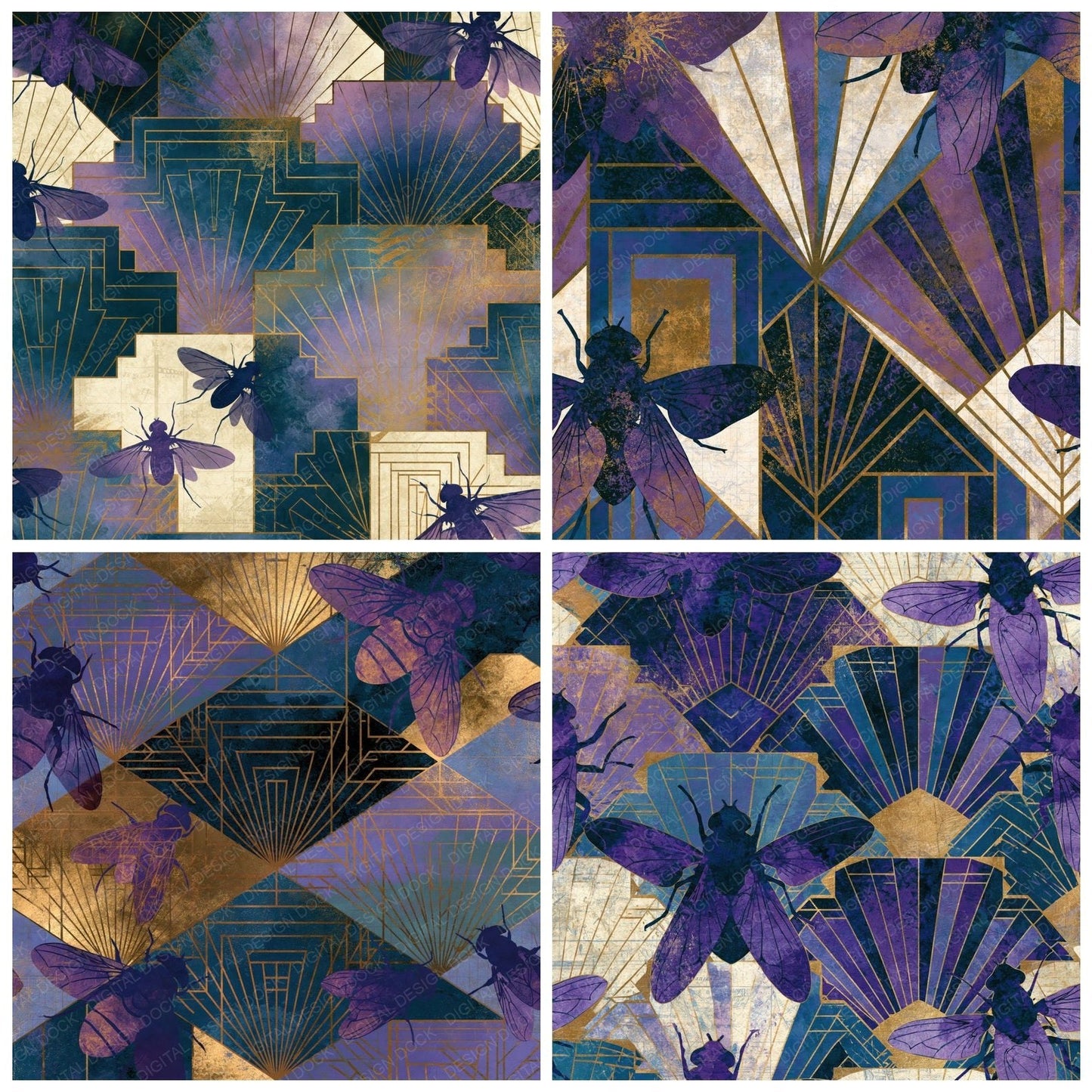 Art Deco Horseflies Amethyst Lavender Digital Paper Pack (DDD014585)
