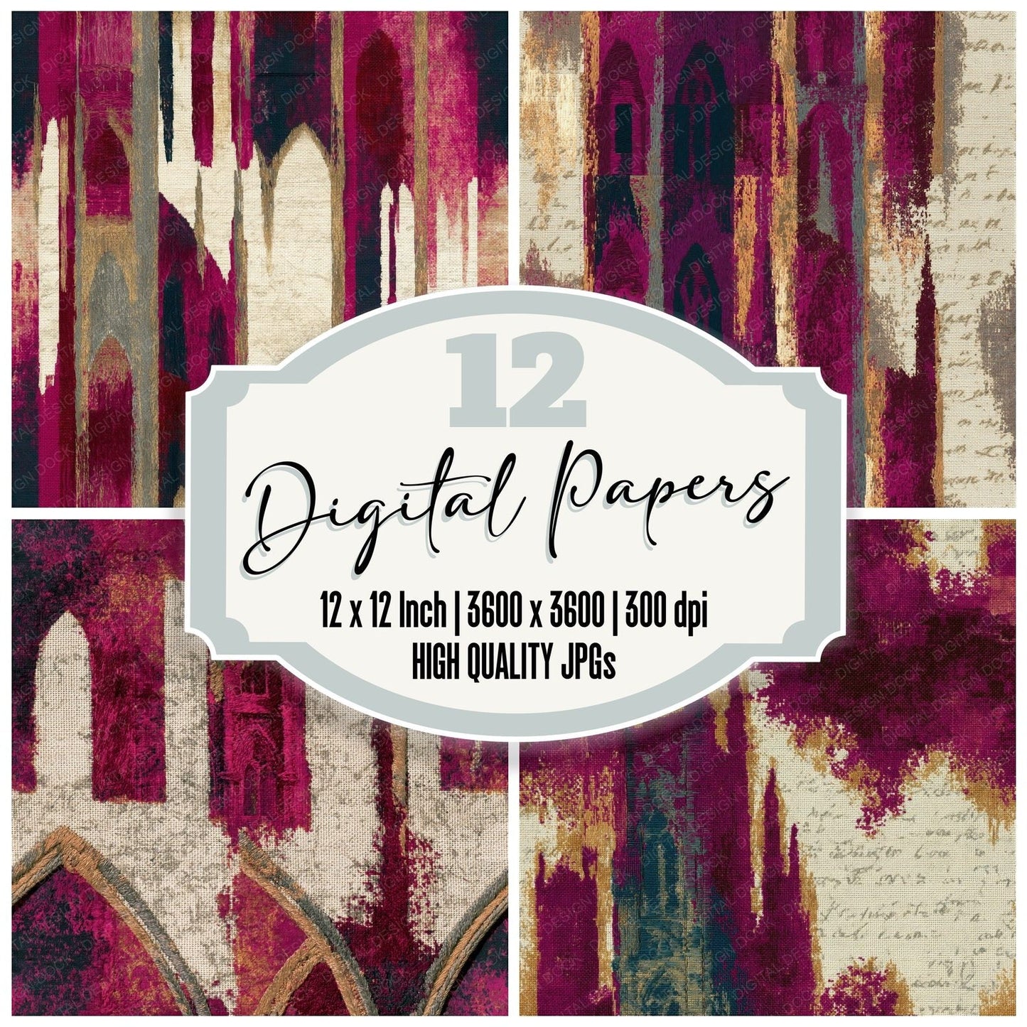 Embroidery Cathedral Magenta Burgundy Seamless Digital Paper Pack (DDD014588)