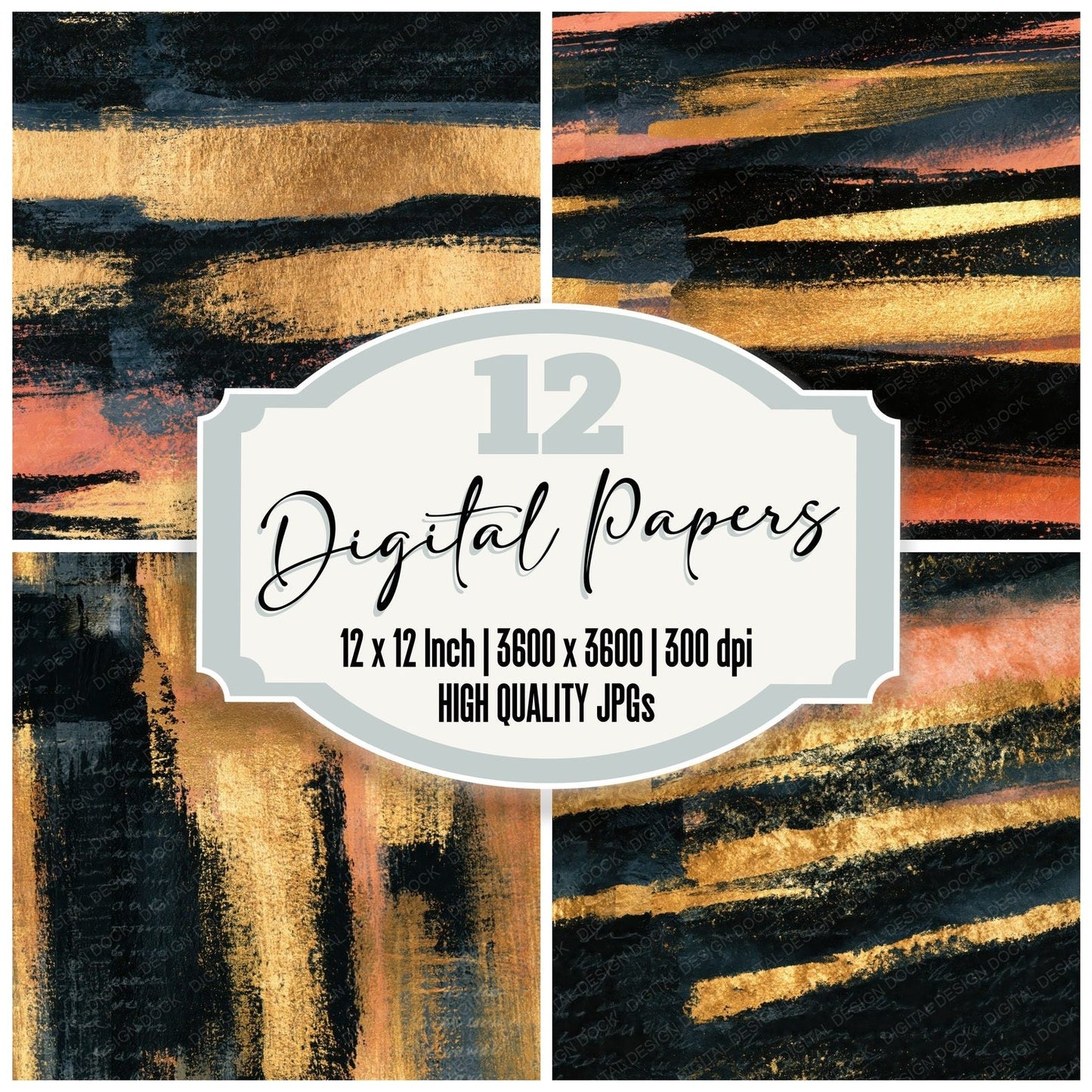 Gouache Black Gold Abstract Seamless Digital Paper Pack (DDD014590)