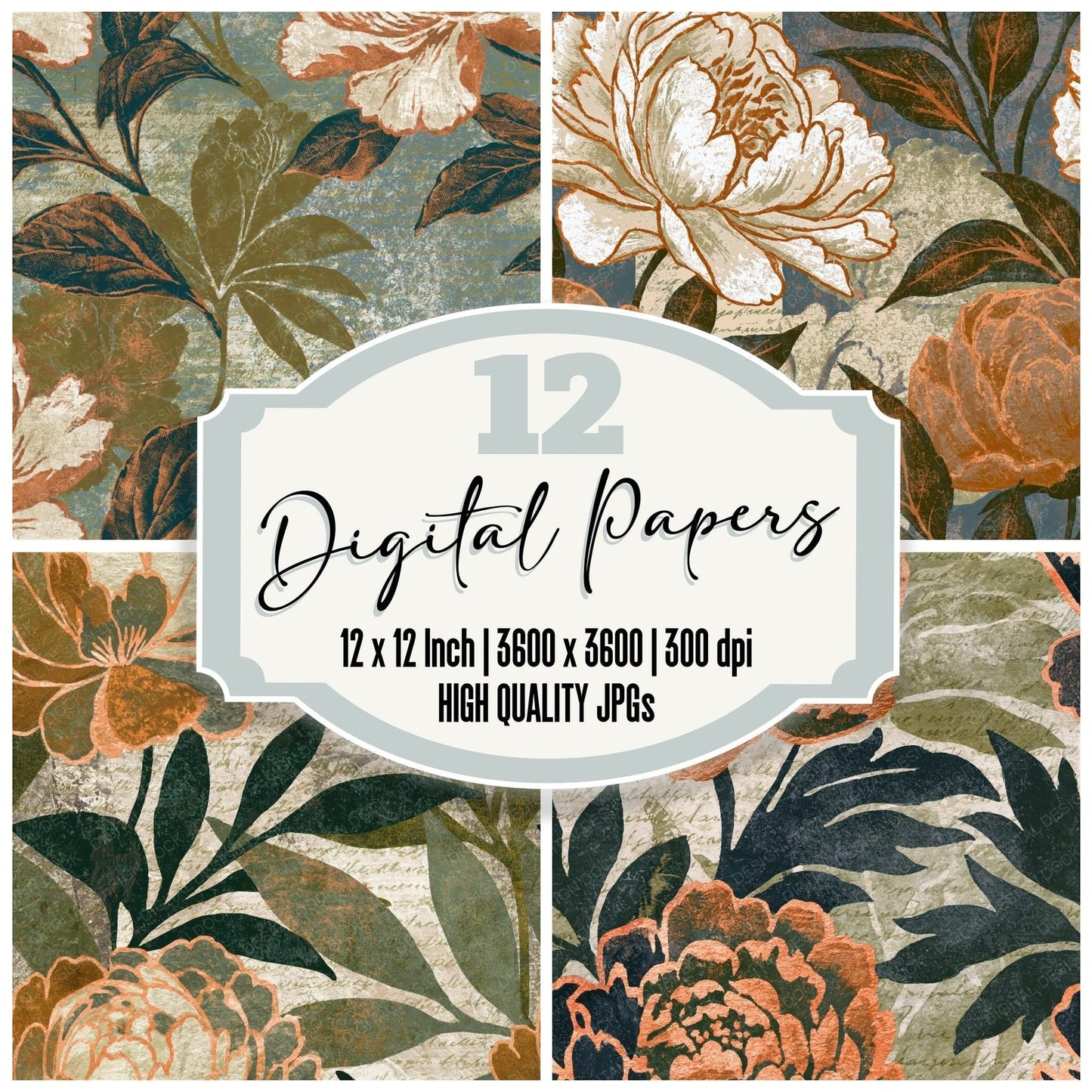 Indian Block Peony Sepia Seamless Digital Paper Pack (DDD014592)