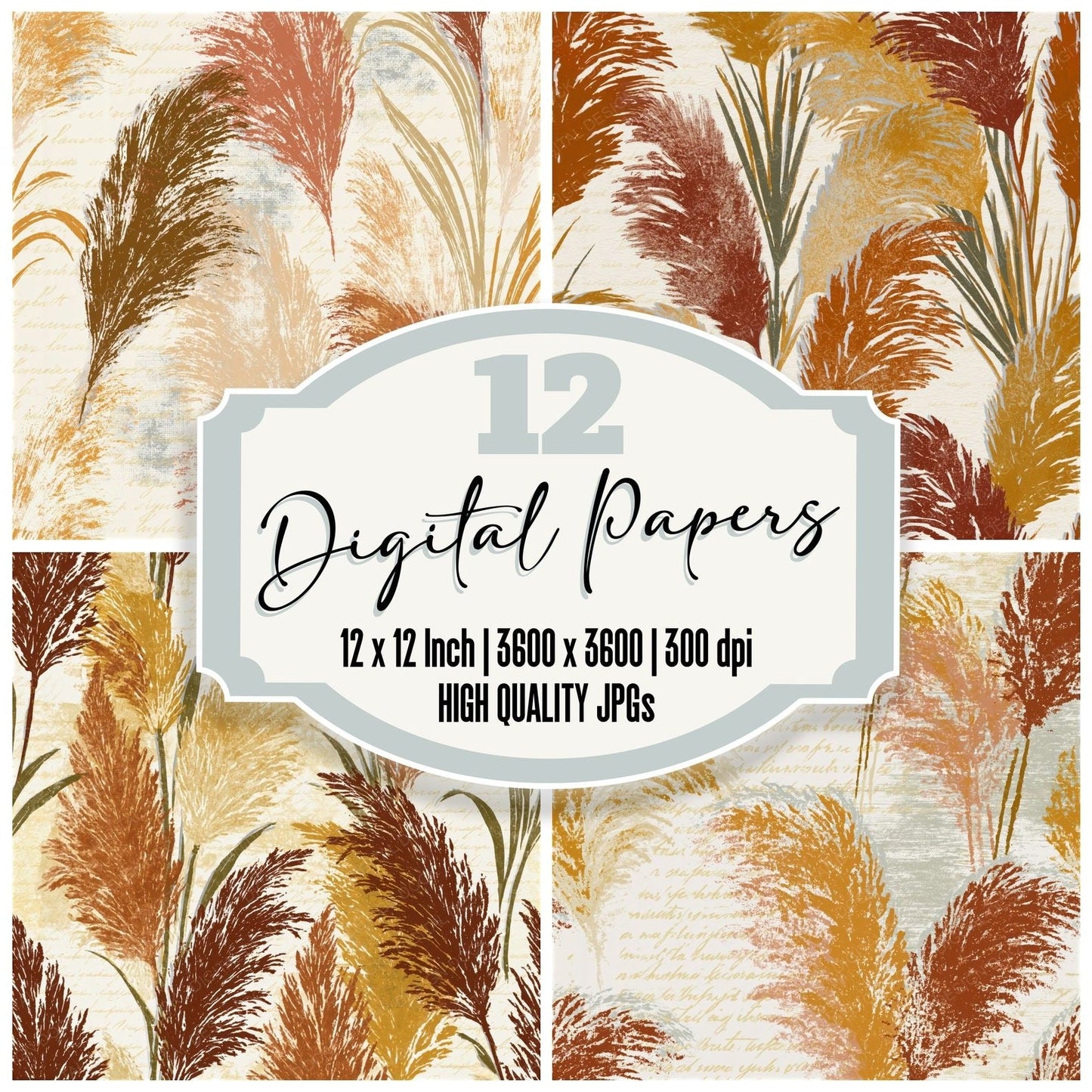 Indian Block Print Pampas Grass Rust Ochre Seamless Digital Paper Pack (DDD014593)