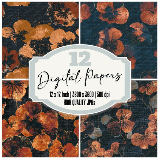Indian Block Print Pansies Copper Seamless digital paper pack cover showing four of the 12 papers