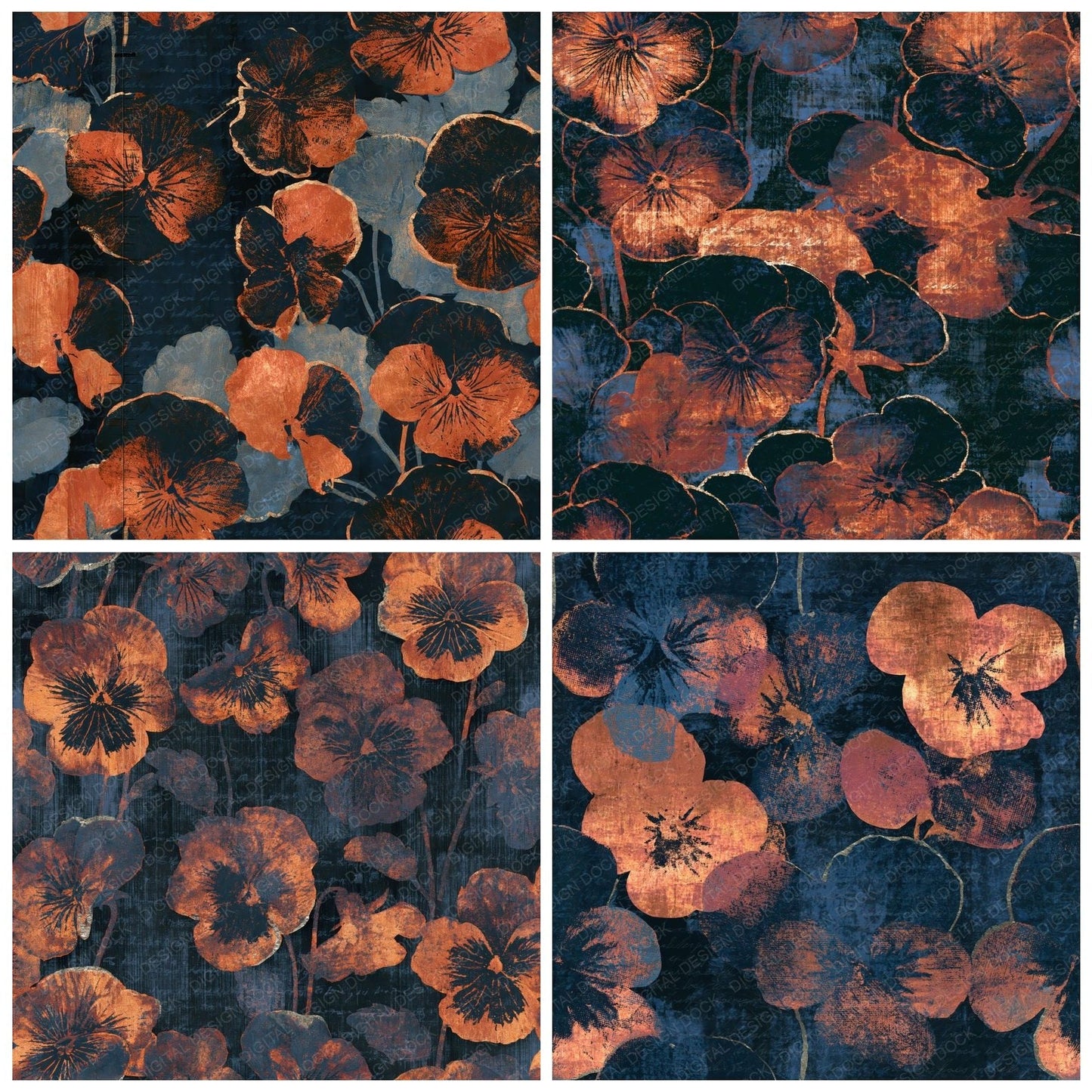 Indian Block Print Pansies Copper Seamless Digital Paper Pack (DDD014594)