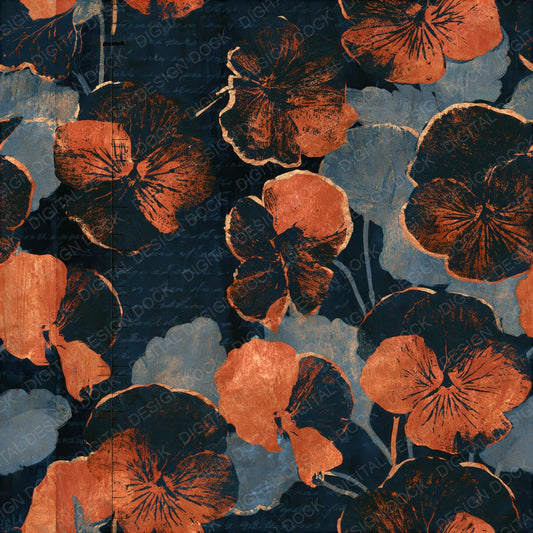 Single Indian Block Print Pansies Copper Seamless digital paper shown full size
