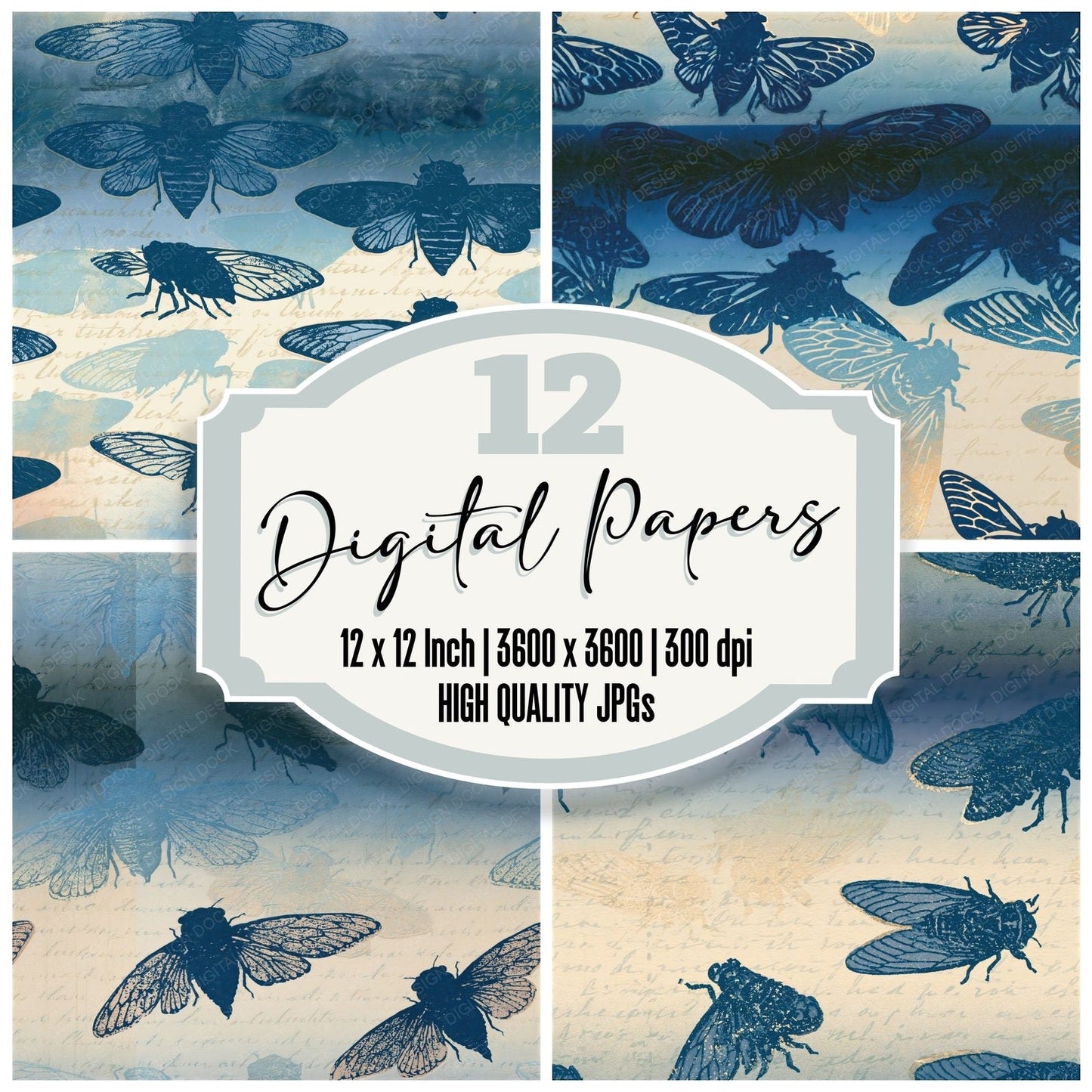 Letterpress Cicadas Navy Bone Seamless Digital Paper Pack (DDD014595)
