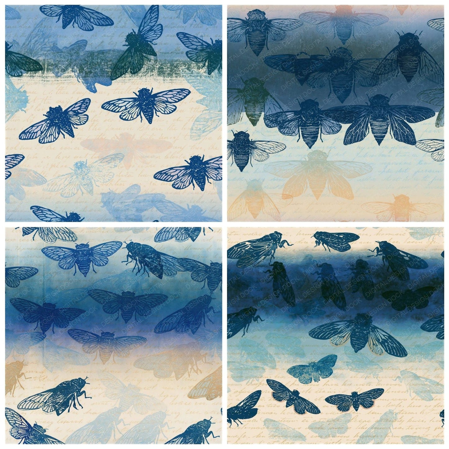 Letterpress Cicadas Navy Bone Seamless Digital Paper Pack (DDD014595)