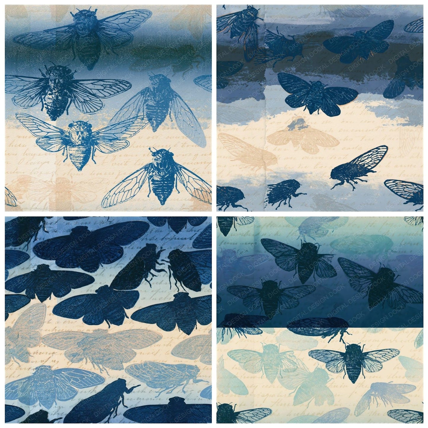 Letterpress Cicadas Navy Bone Seamless Digital Paper Pack (DDD014595)