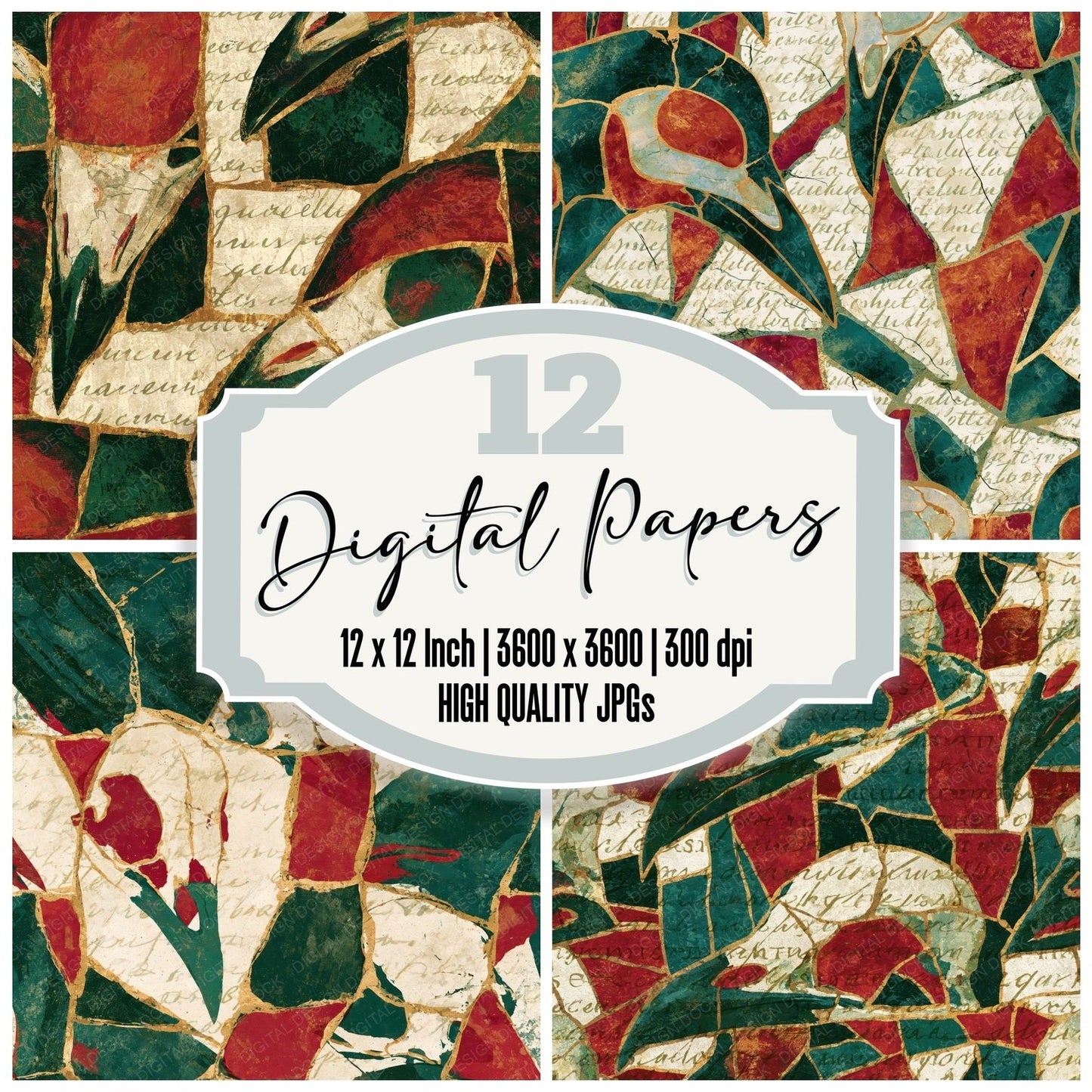Mosaic Bird Skulls Emerald Ruby Digital Paper Pack (DDD014597)