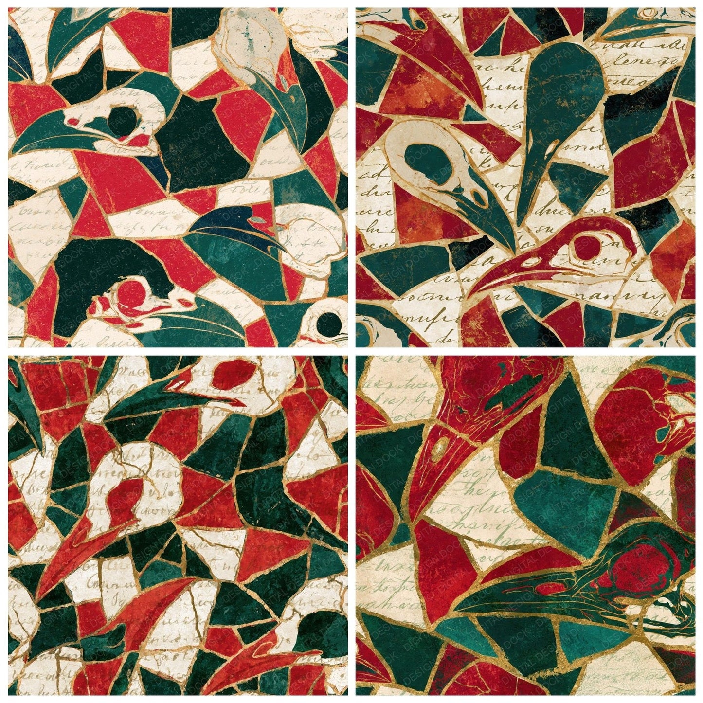 Mosaic Bird Skulls Emerald Ruby Digital Paper Pack (DDD014597)