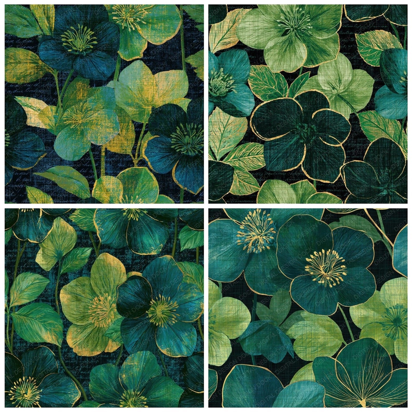 Scratchboard Hellebore Emerald Gold Seamless Digital Paper Pack (DDD014599)