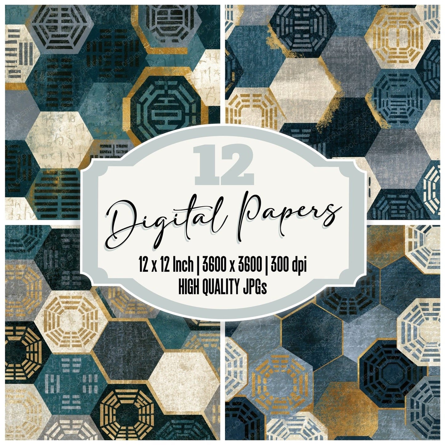Screenprint I Ching Hexagrams Pewter Slate Digital Paper Pack (DDD014601)