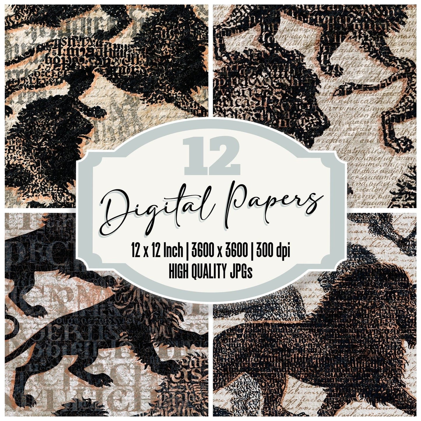 Typographic Lions Rampant Black White Digital Paper Pack (DDD014603)