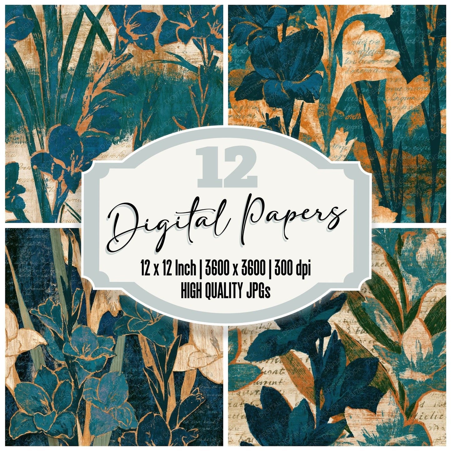 Woodcut Gladioli Teal Bone Seamless Digital Paper Pack (DDD014604)
