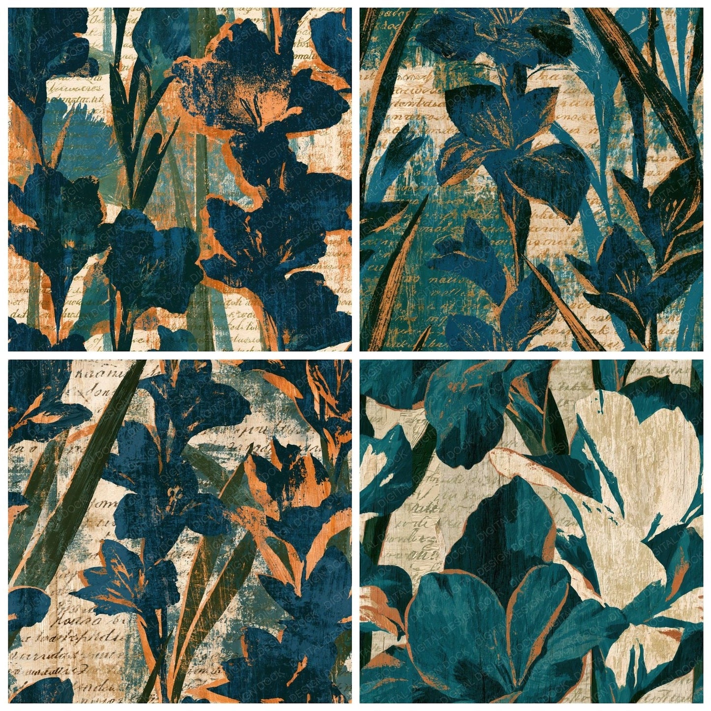 Woodcut Gladioli Teal Bone Seamless Digital Paper Pack (DDD014604)