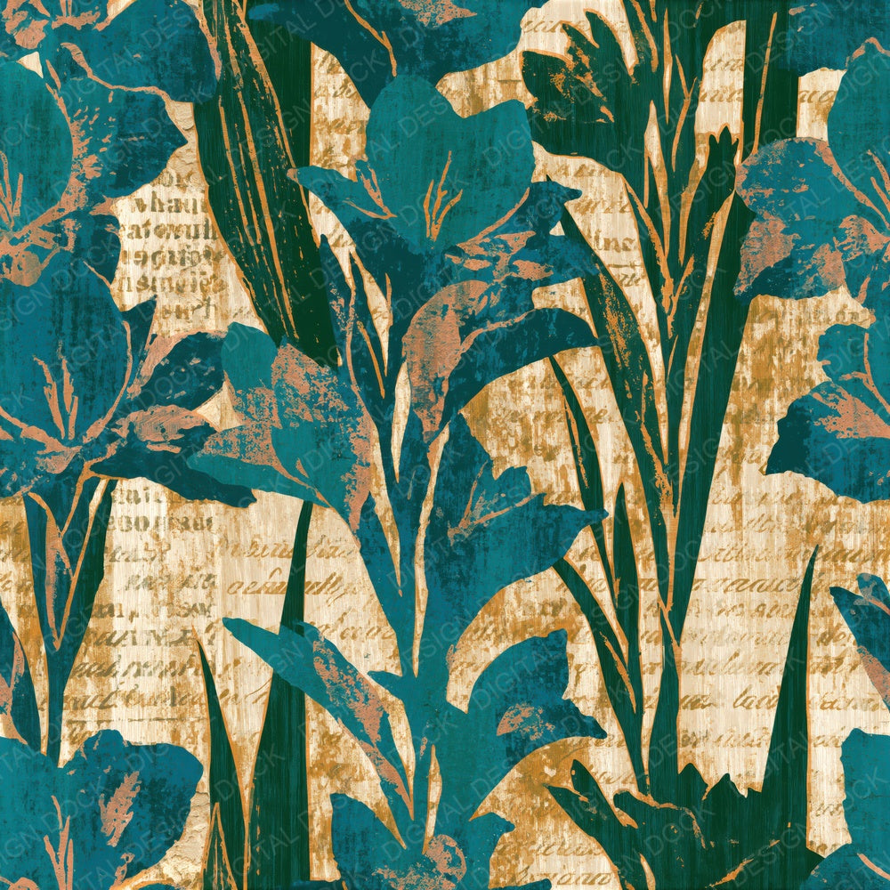 Woodcut Gladioli Teal Bone Seamless Digital Paper Pack (DDD014604)