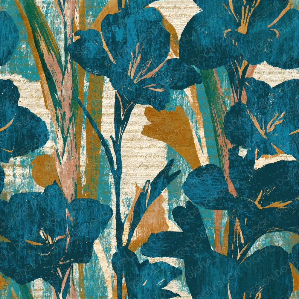 Woodcut Gladioli Teal Bone Seamless Digital Paper Pack (DDD014604)