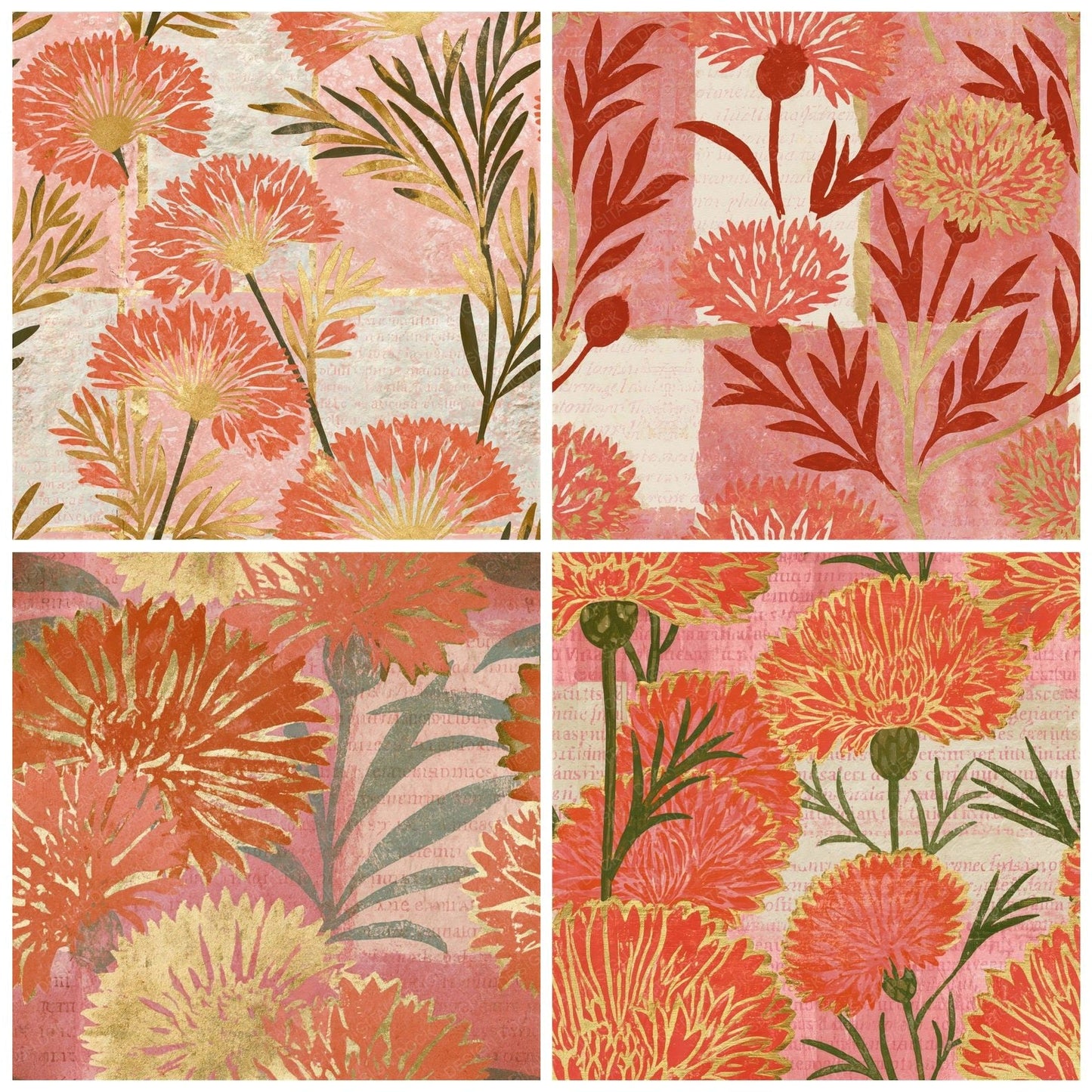 Indian Block Cornflower Coral Gold Seamless Digital Paper Pack (DDD014606)