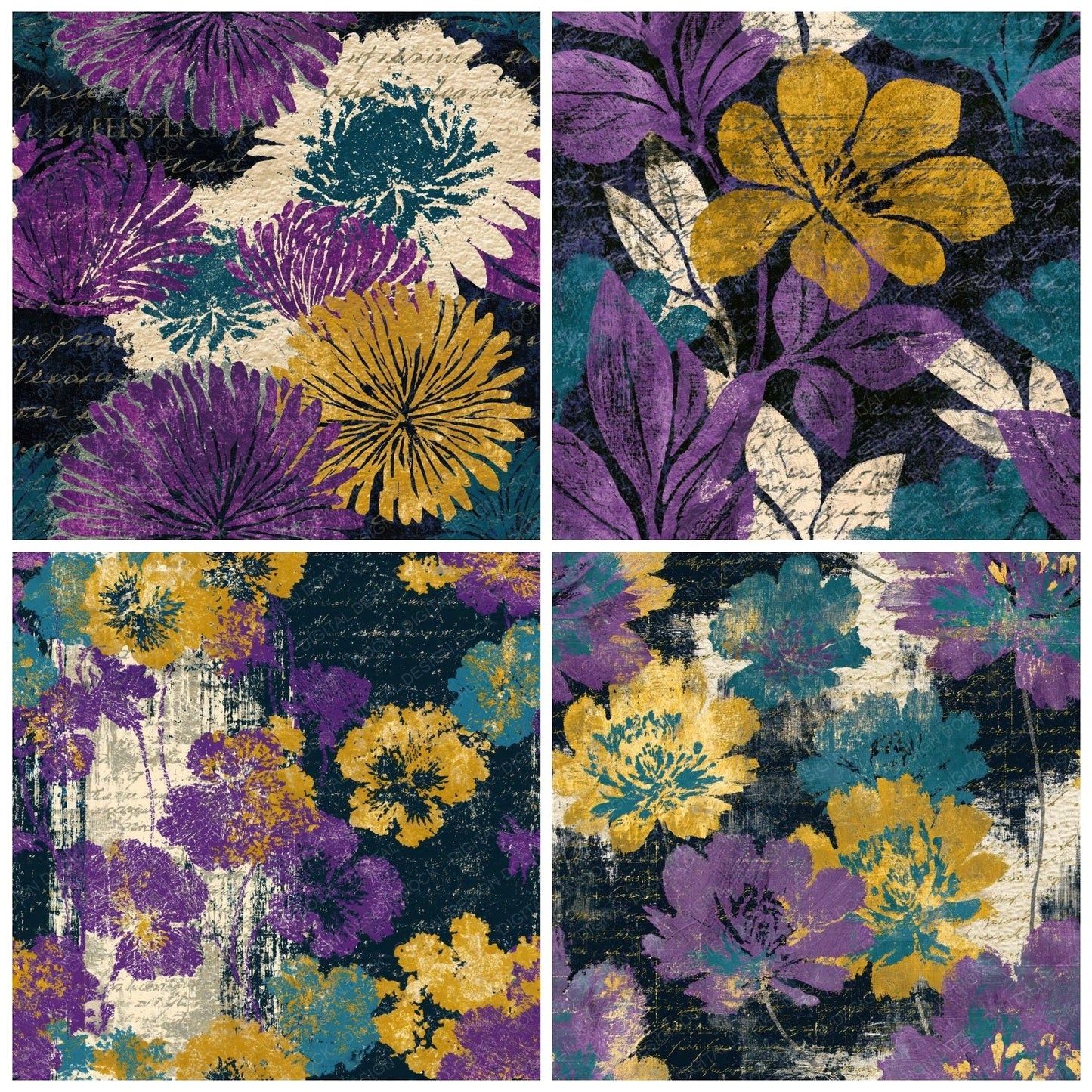 Scratchboard Violet Mustard Teal Seamless Digital Paper Pack (DDD014610)