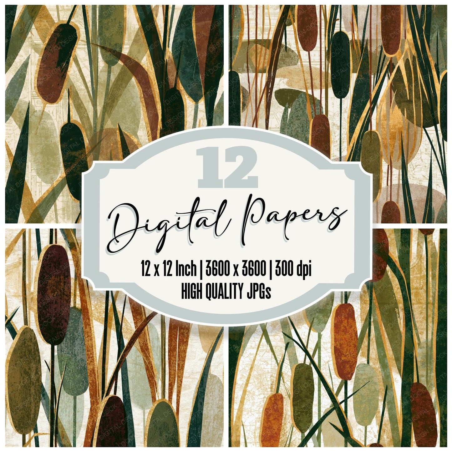Screenprint Cattails Moss Bark Seamless Digital Paper Pack (DDD014612)