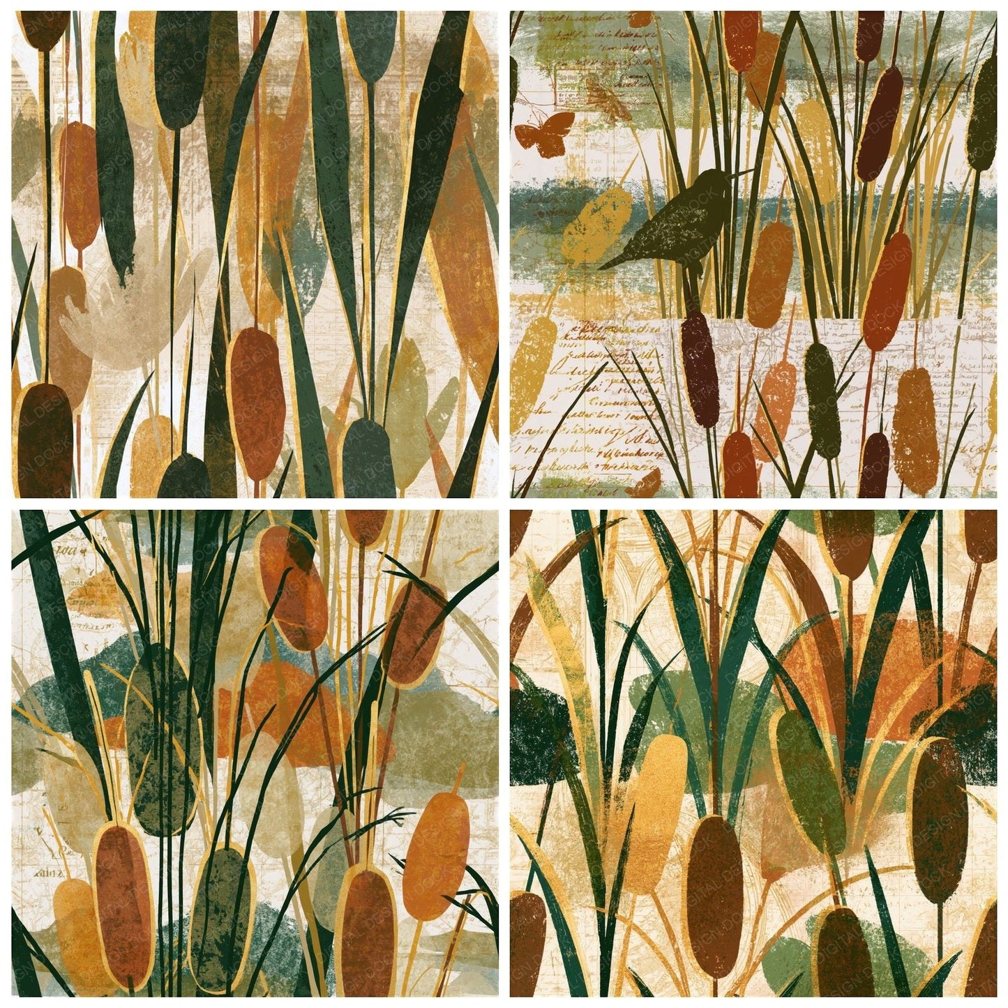 Screenprint Cattails Moss Bark Seamless Digital Paper Pack (DDD014612)