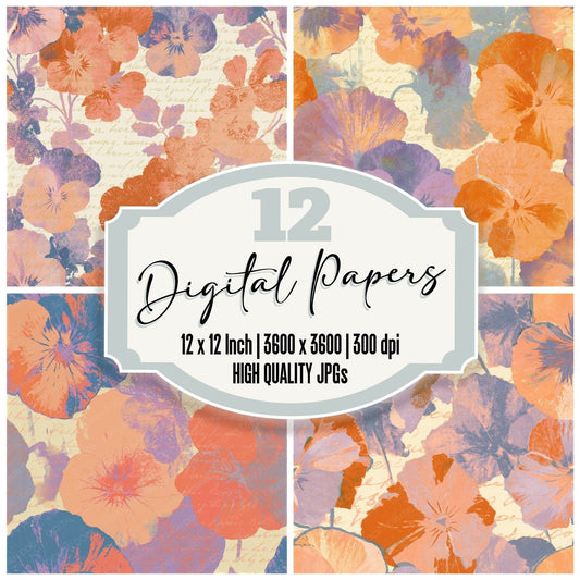 Screenprint Pansies Tangerine Lavender Seamless digital paper pack cover showing four of the 12 papers