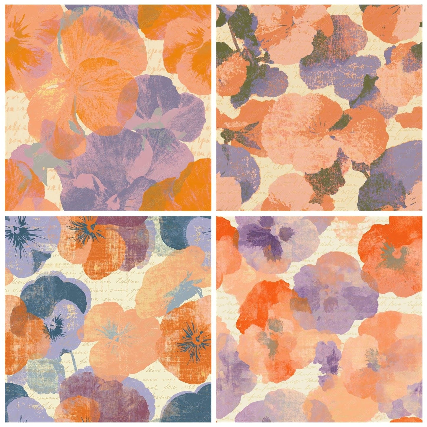 Screenprint Pansies Tangerine Lavender Seamless Digital Paper Pack (DDD014614)