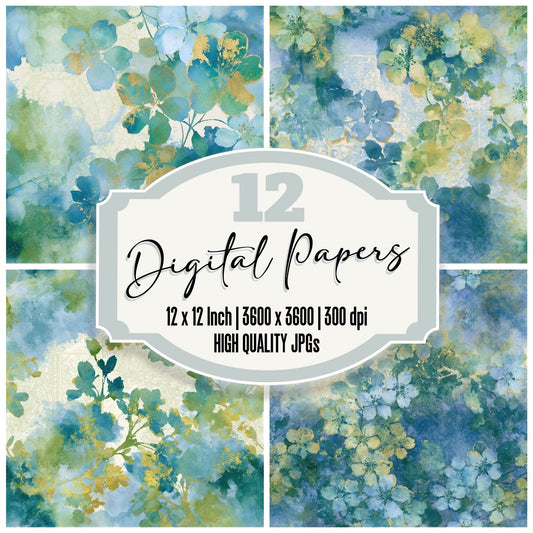 Watercolour Cherry Blossoms Azure Seamless digital paper pack cover showing four of the 12 papers