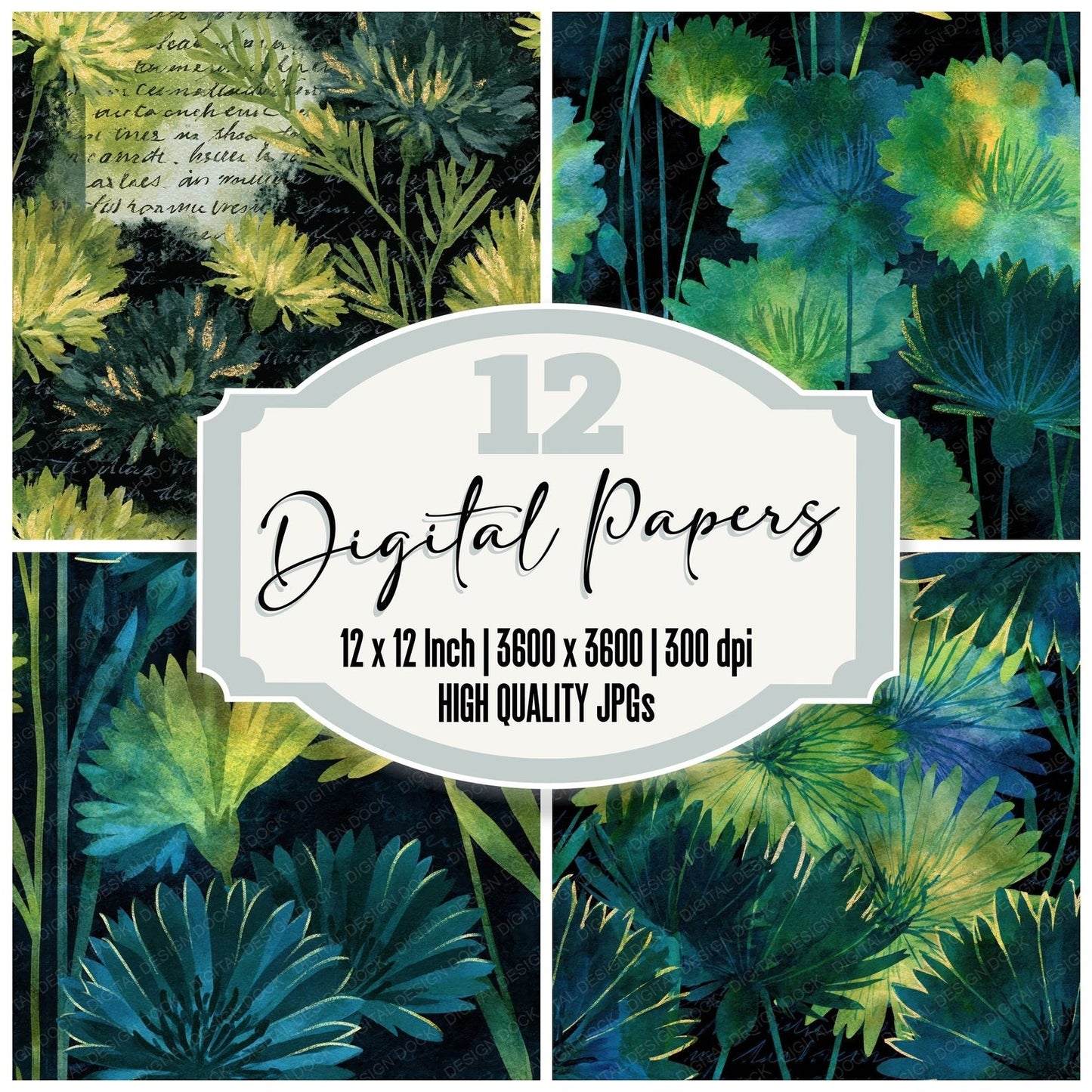 Watercolour Cornflowers Emerald Black Seamless Digital Paper Pack (DDD014616)