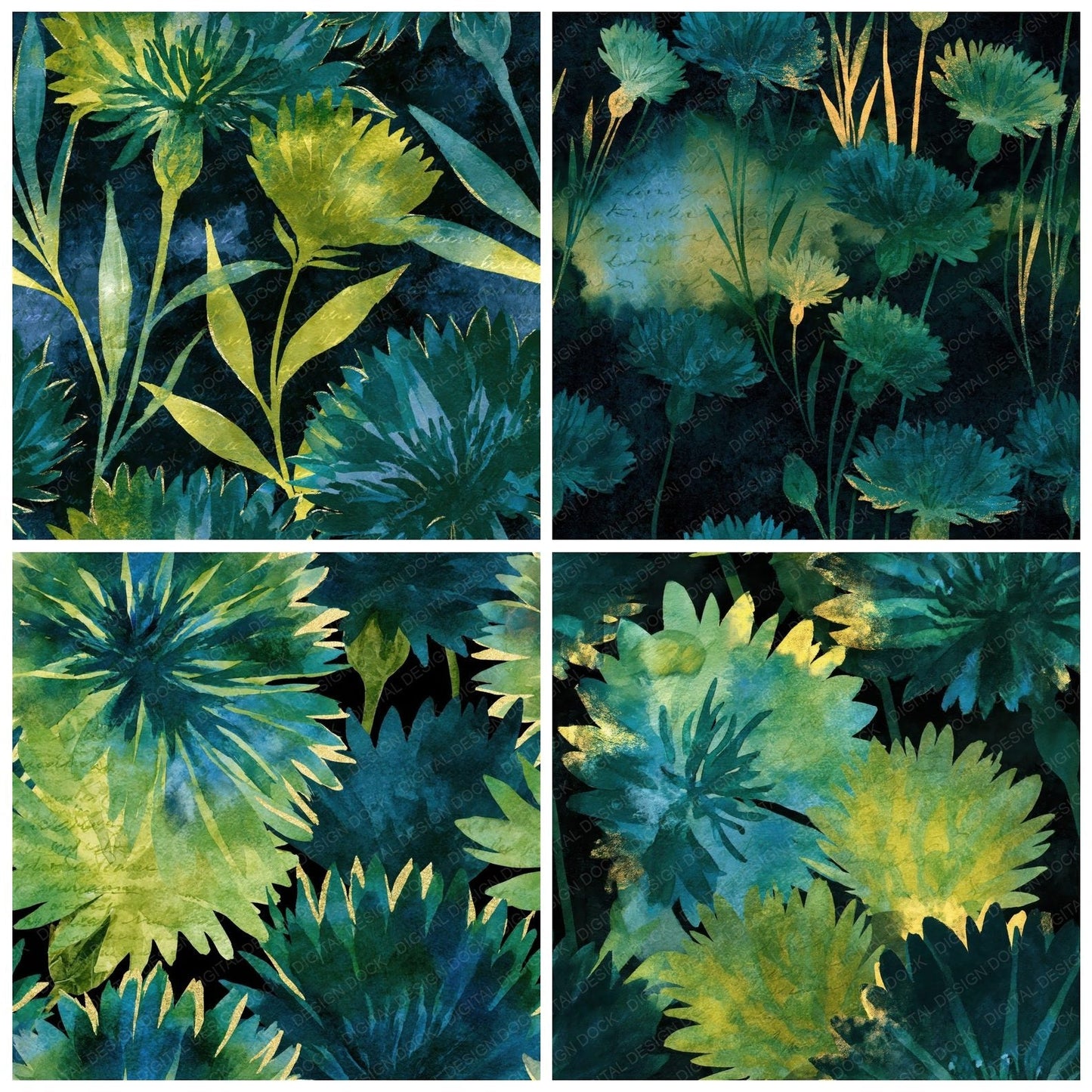 Watercolour Cornflowers Emerald Black Seamless Digital Paper Pack (DDD014616)