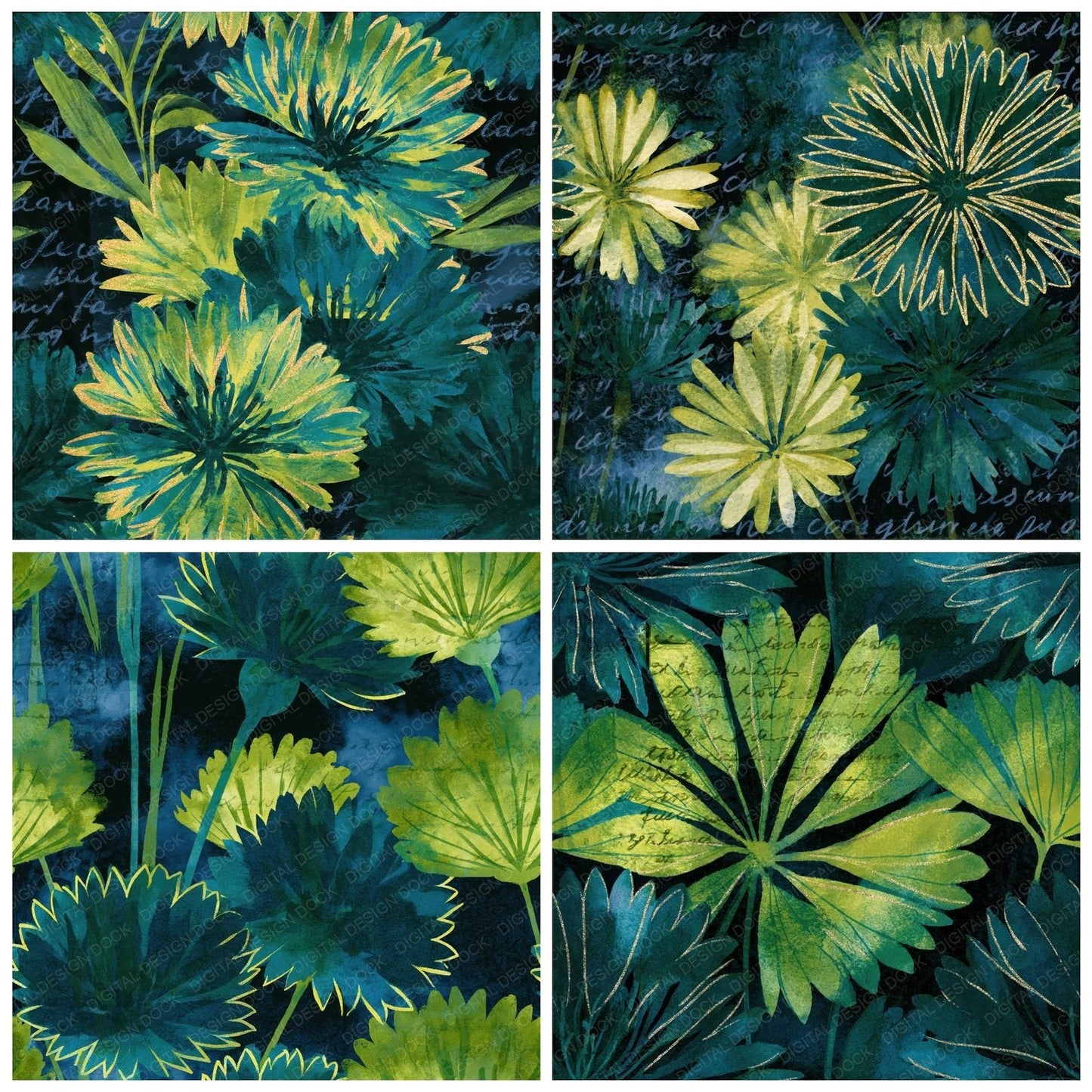 Watercolour Cornflowers Emerald Black Seamless Digital Paper Pack (DDD014616)