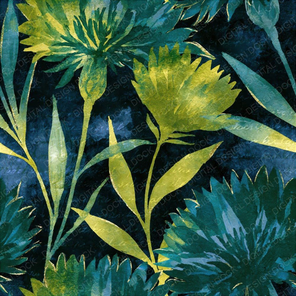 Watercolour Cornflowers Emerald Black Seamless Digital Paper Pack (DDD014616)
