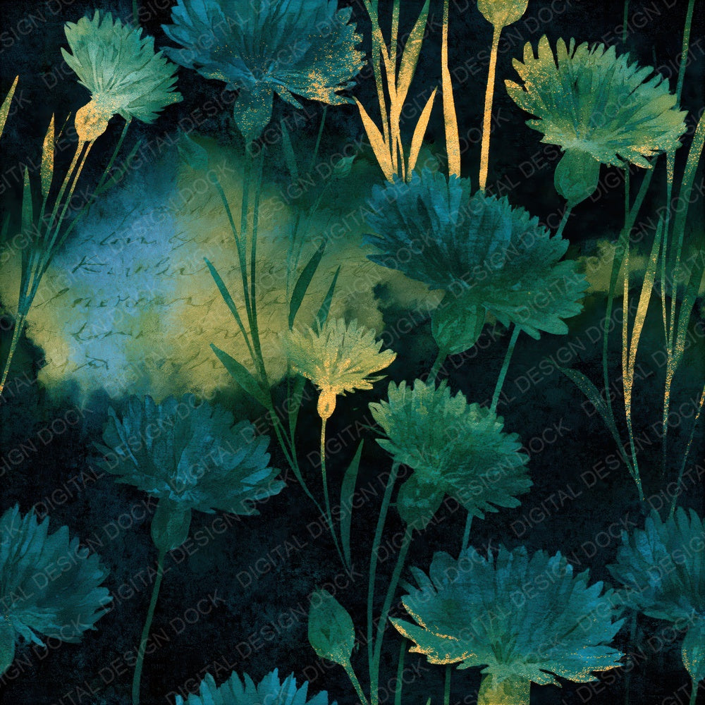 Watercolour Cornflowers Emerald Black Seamless Digital Paper Pack (DDD014616)