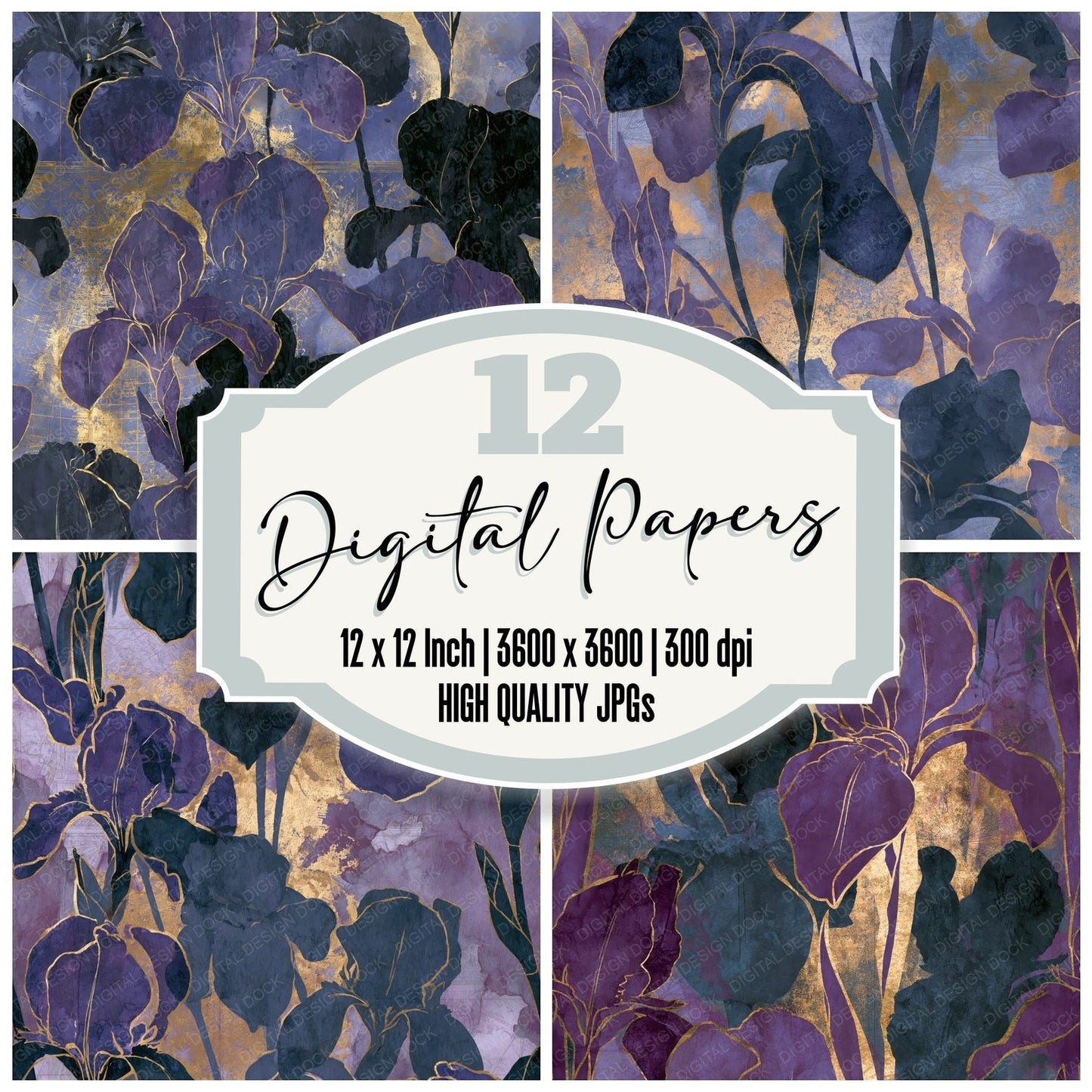 Watercolour Iris Purple Charcoal Seamless Digital Paper Pack (DDD014618)