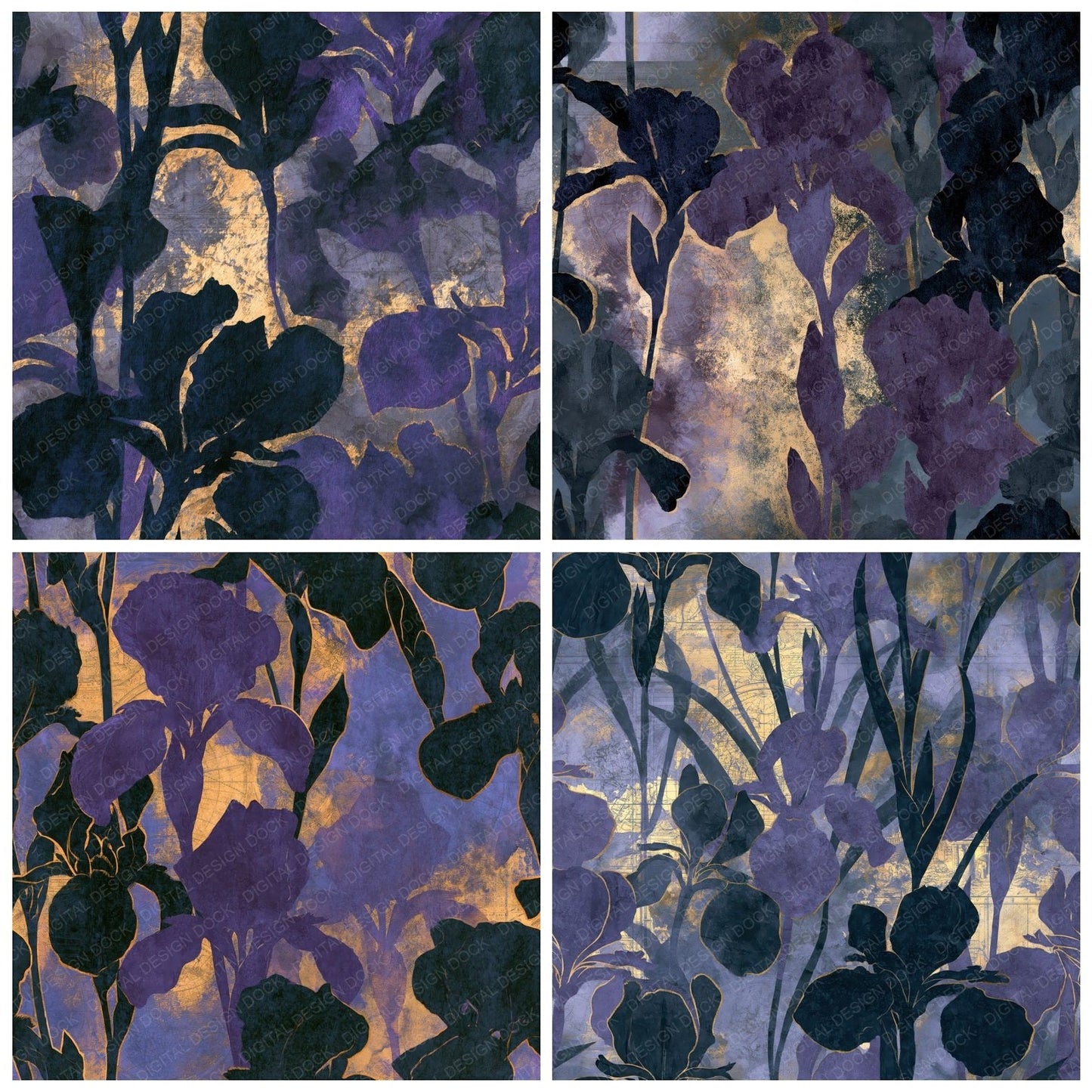 Watercolour Iris Purple Charcoal Seamless Digital Paper Pack (DDD014618)