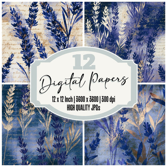 Watercolour Lavender Indigo Ivory Seamless digital paper pack cover showing four of the 12 papers