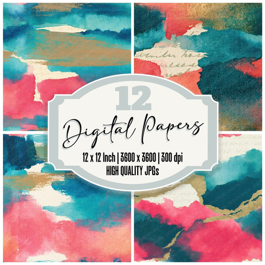 Watercolour Pink Turquoise Abstract Seamless Digital Paper Pack (DDD014620)