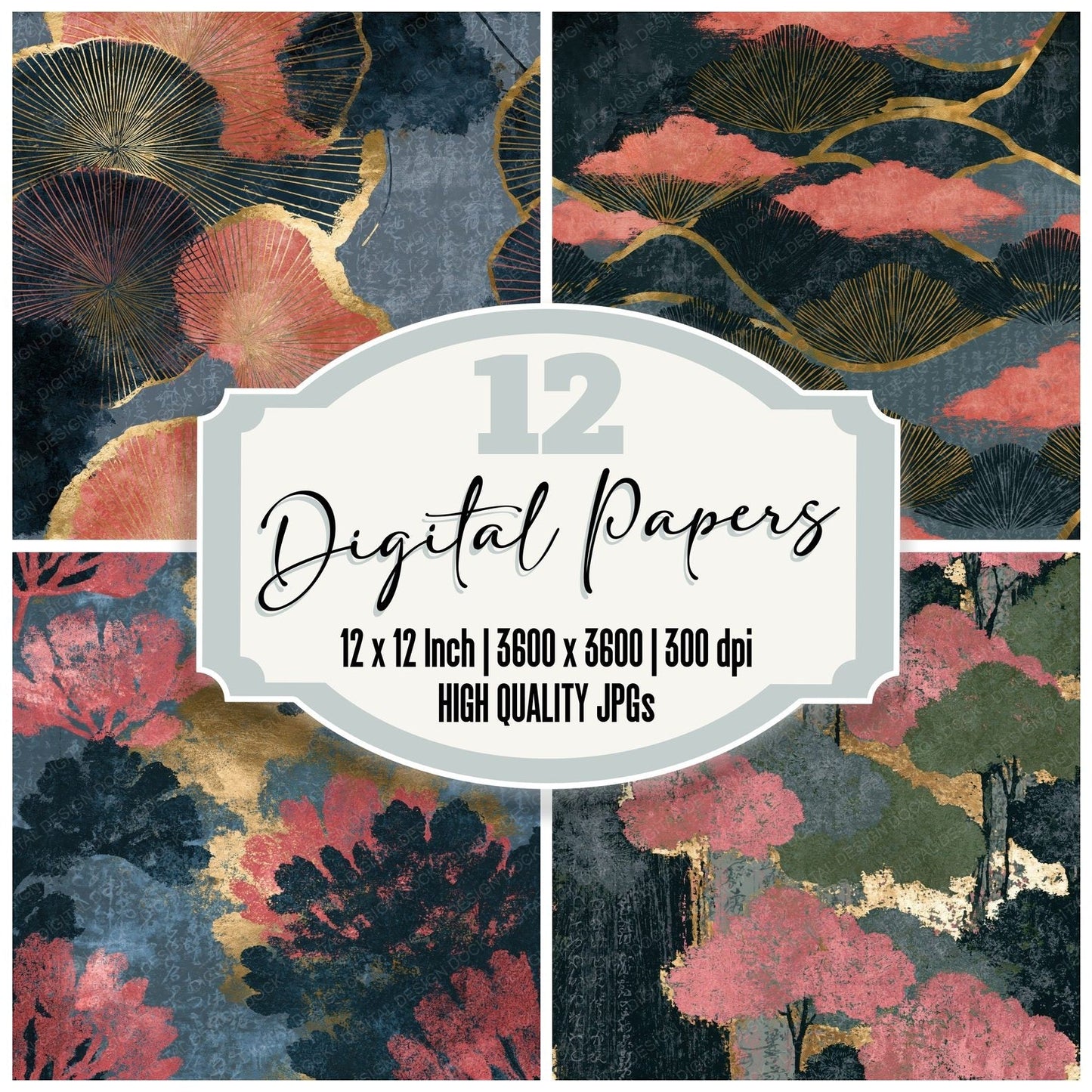 Woodblock Moss Jet Rose Seamless Digital Paper Pack (DDD014623)