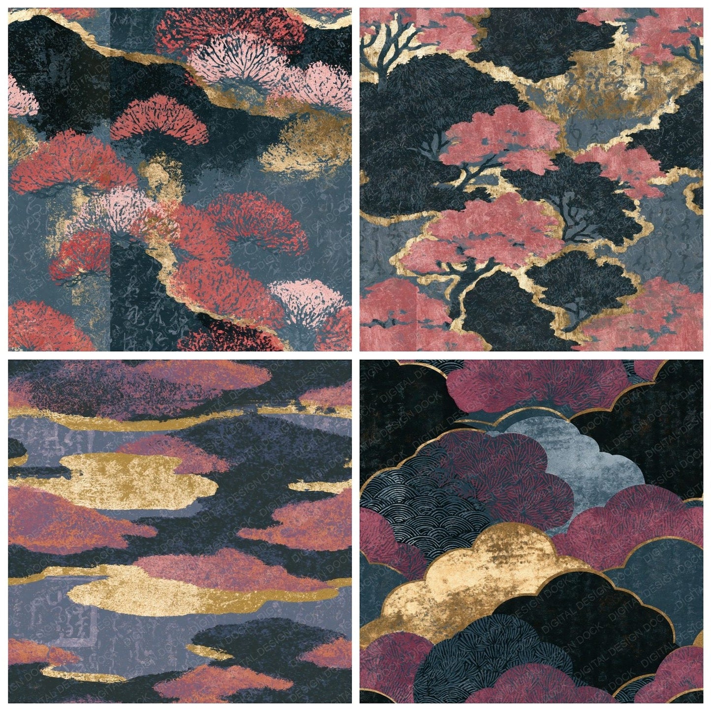Woodblock Moss Jet Rose Seamless Digital Paper Pack (DDD014623)