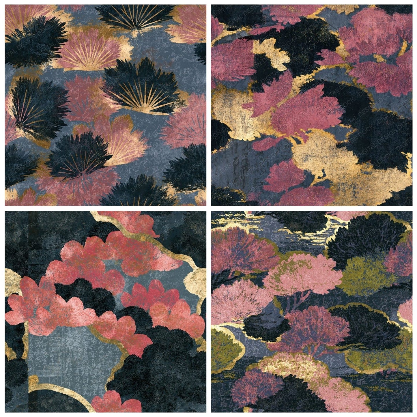 Woodblock Moss Jet Rose Seamless Digital Paper Pack (DDD014623)