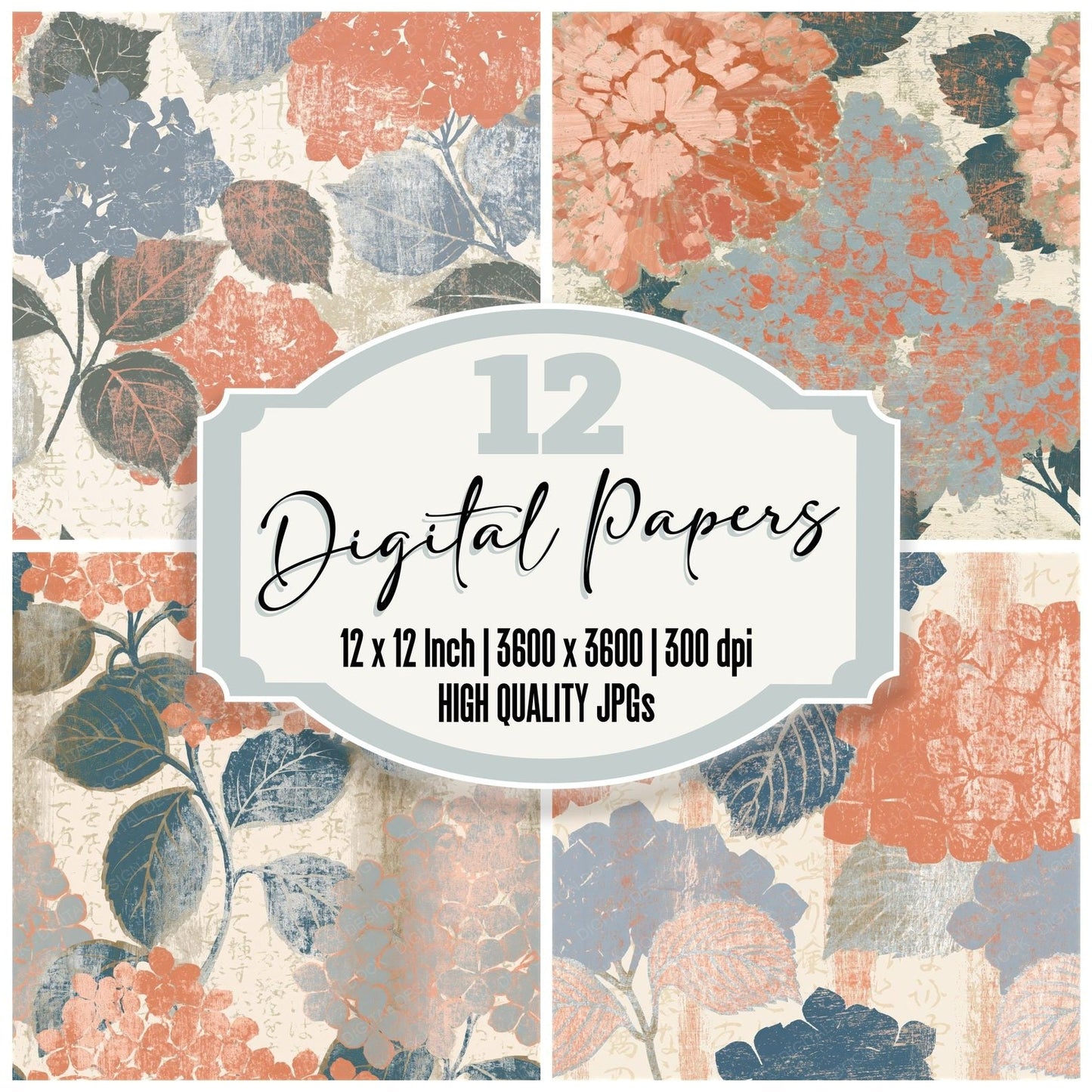 Woodcut Hydrangea Peach Cream Seamless Digital Paper Pack (DDD014624)