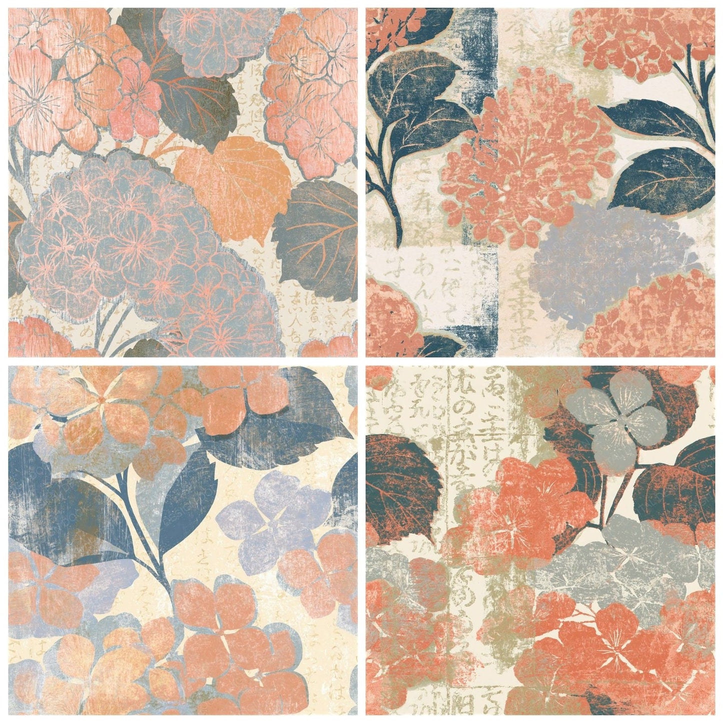 Woodcut Hydrangea Peach Cream Seamless Digital Paper Pack (DDD014624)