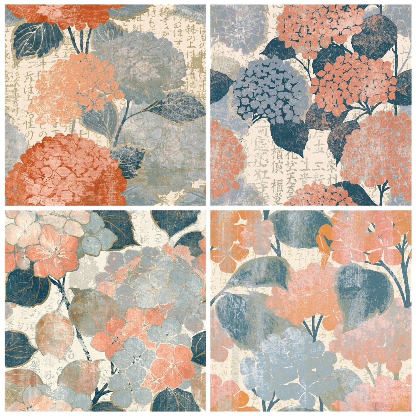 Woodcut Hydrangea Peach Cream Seamless Digital Paper Pack (DDD014624)
