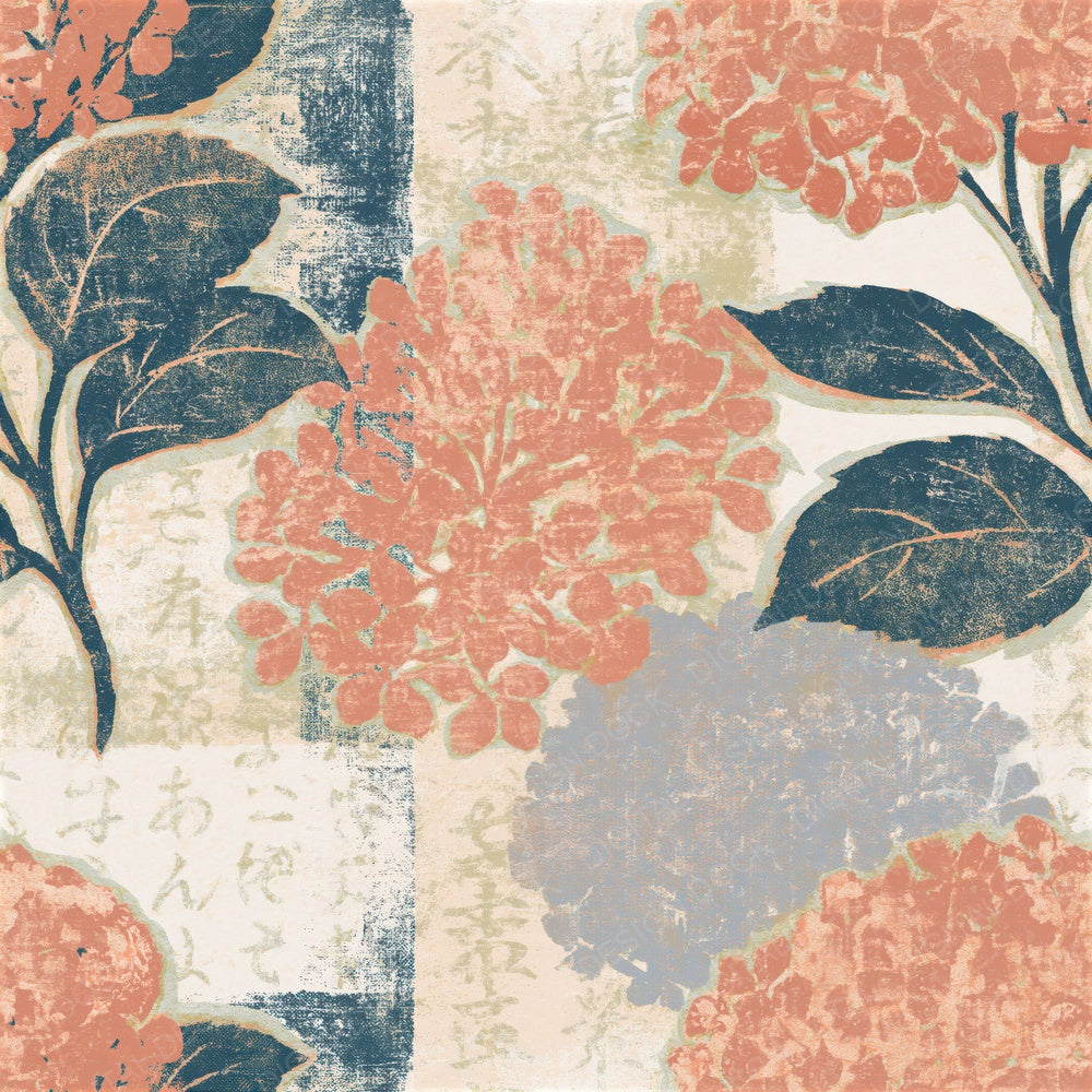 Woodcut Hydrangea Peach Cream Seamless Digital Paper Pack (DDD014624)