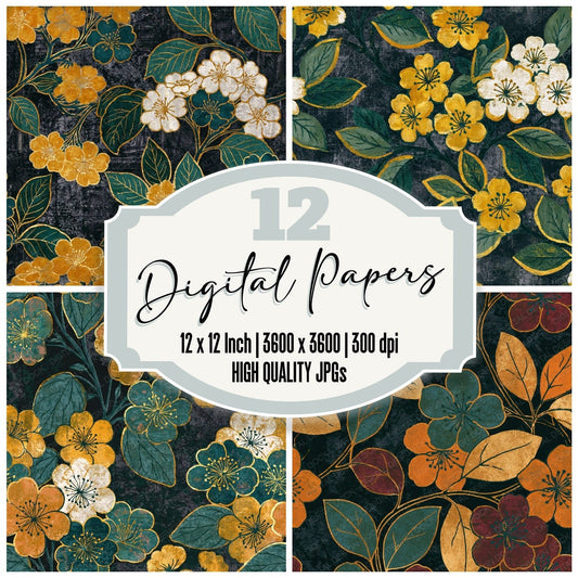 Indian Block Print Cherry Blossoms Saffron Seamless digital paper pack cover showing four of the 12 papers