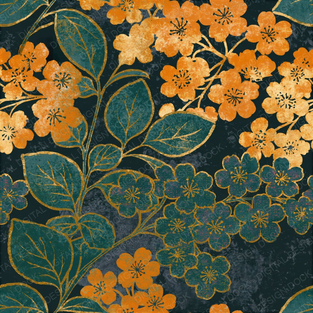 Indian Block Print Cherry Blossoms Saffron Seamless Digital Paper Pack (DDD014625)
