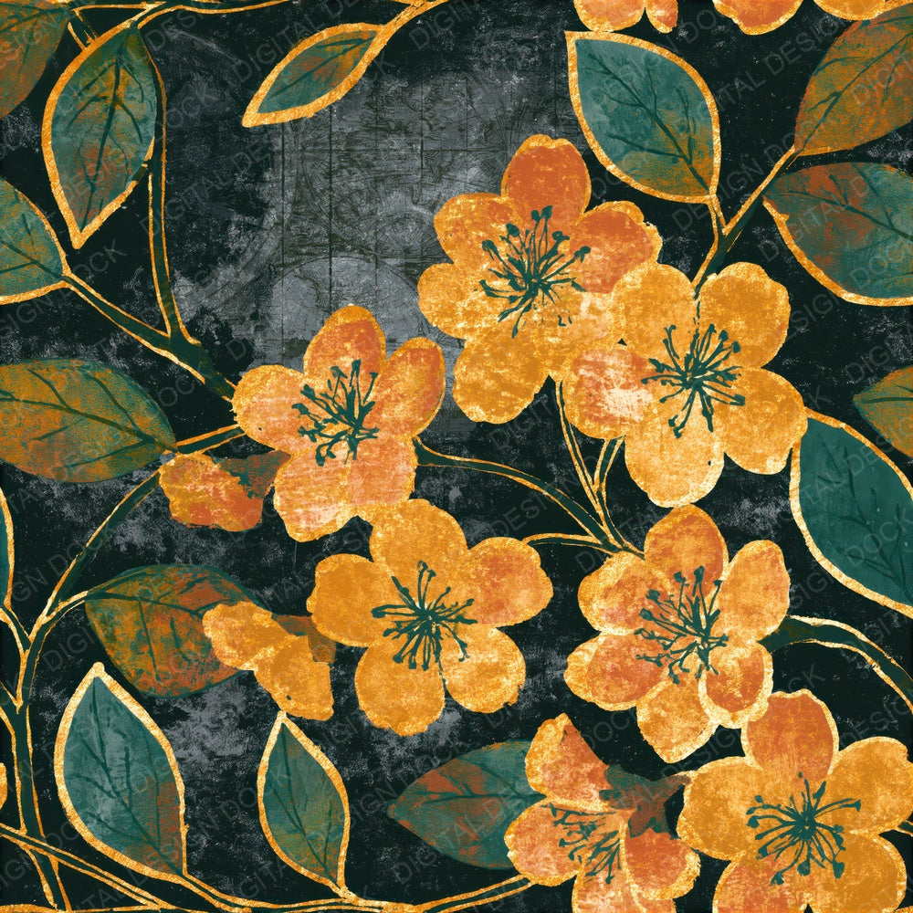 Indian Block Print Cherry Blossoms Saffron Seamless Digital Paper Pack (DDD014625)