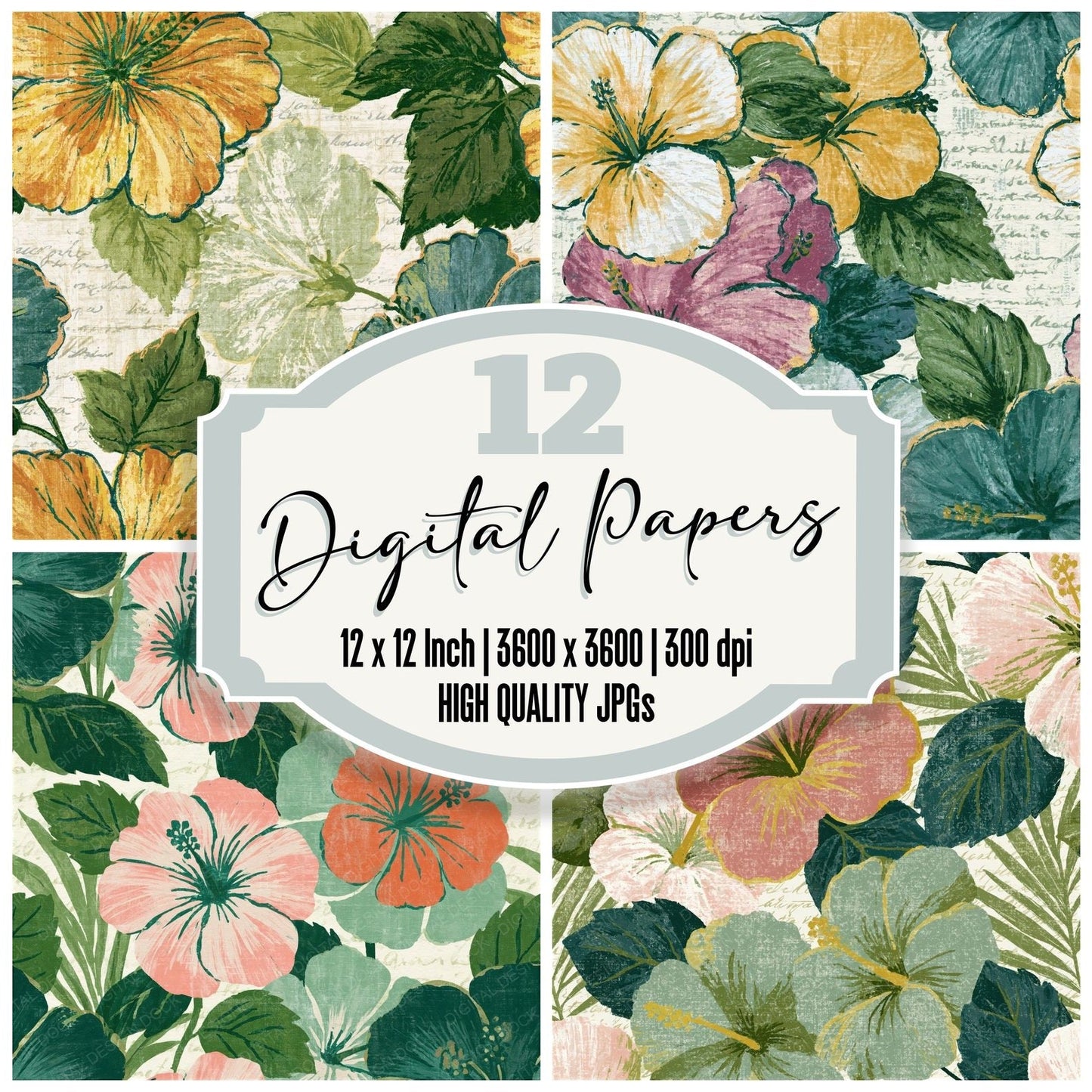 Indian Block Print Hibiscus Sage Seamless Digital Paper Pack (DDD014626)