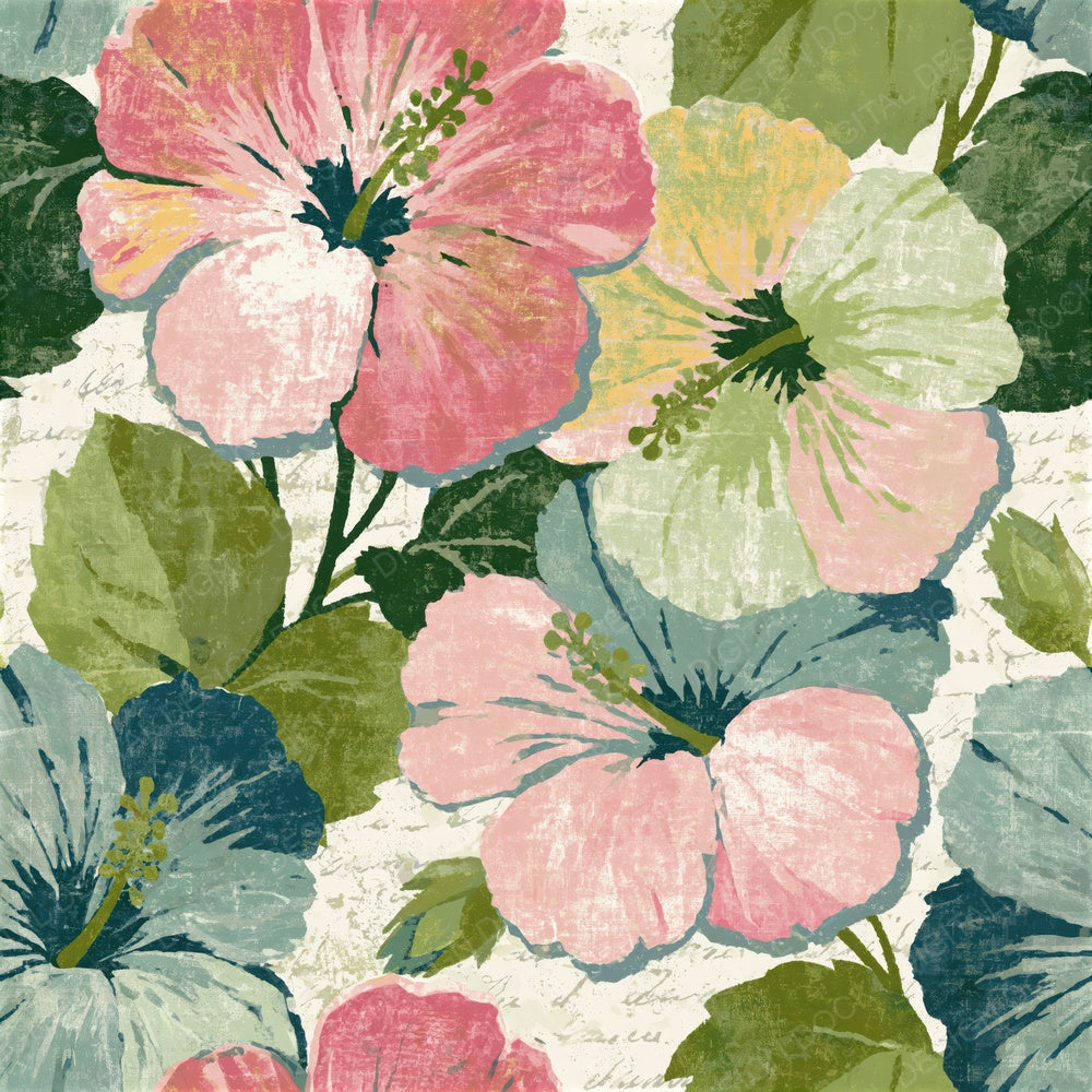 Indian Block Print Hibiscus Sage Seamless Digital Paper Pack (DDD014626)