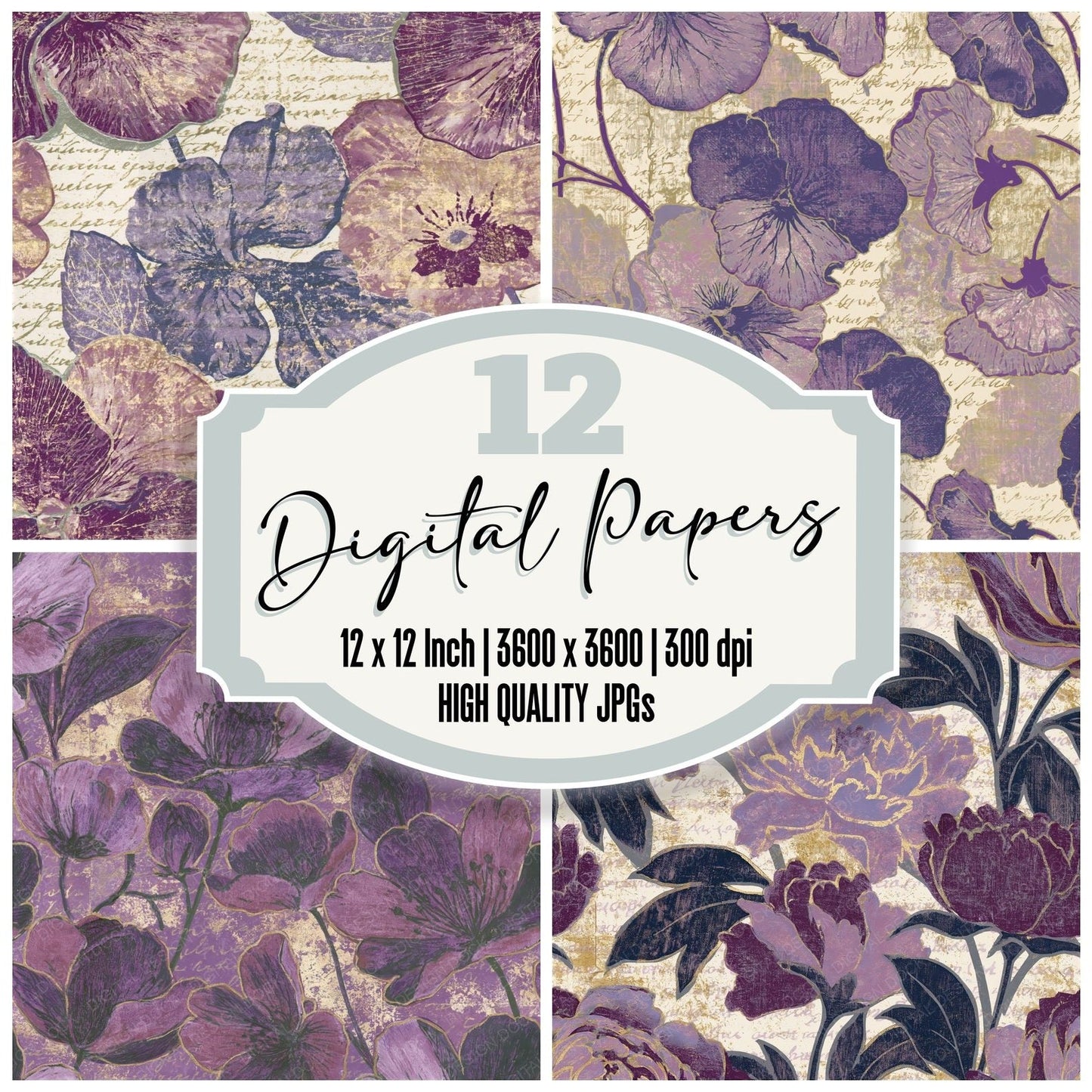 Linocut Violet Mauve Plum Seamless Digital Paper Pack (DDD014628)