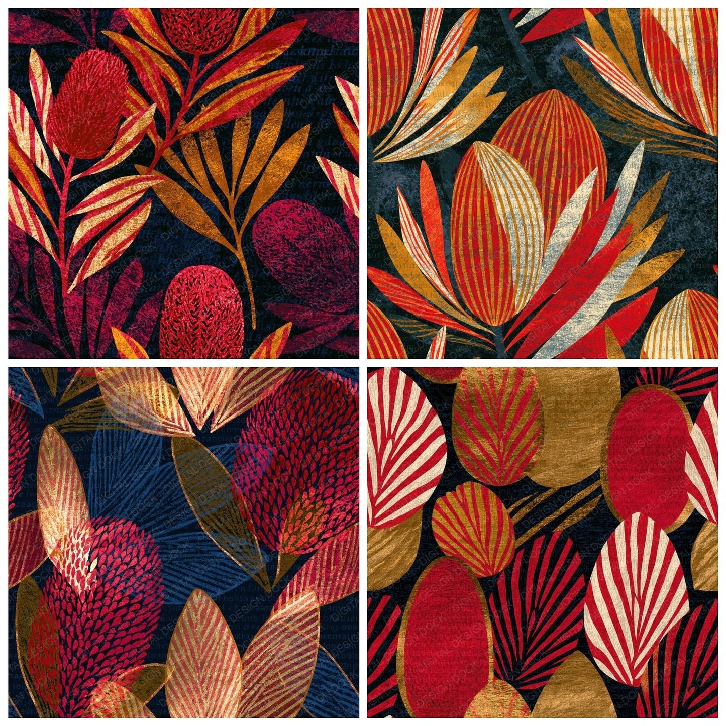 Scratchboard Banksia Red Cream Seamless Digital Paper Pack (DDD014629)